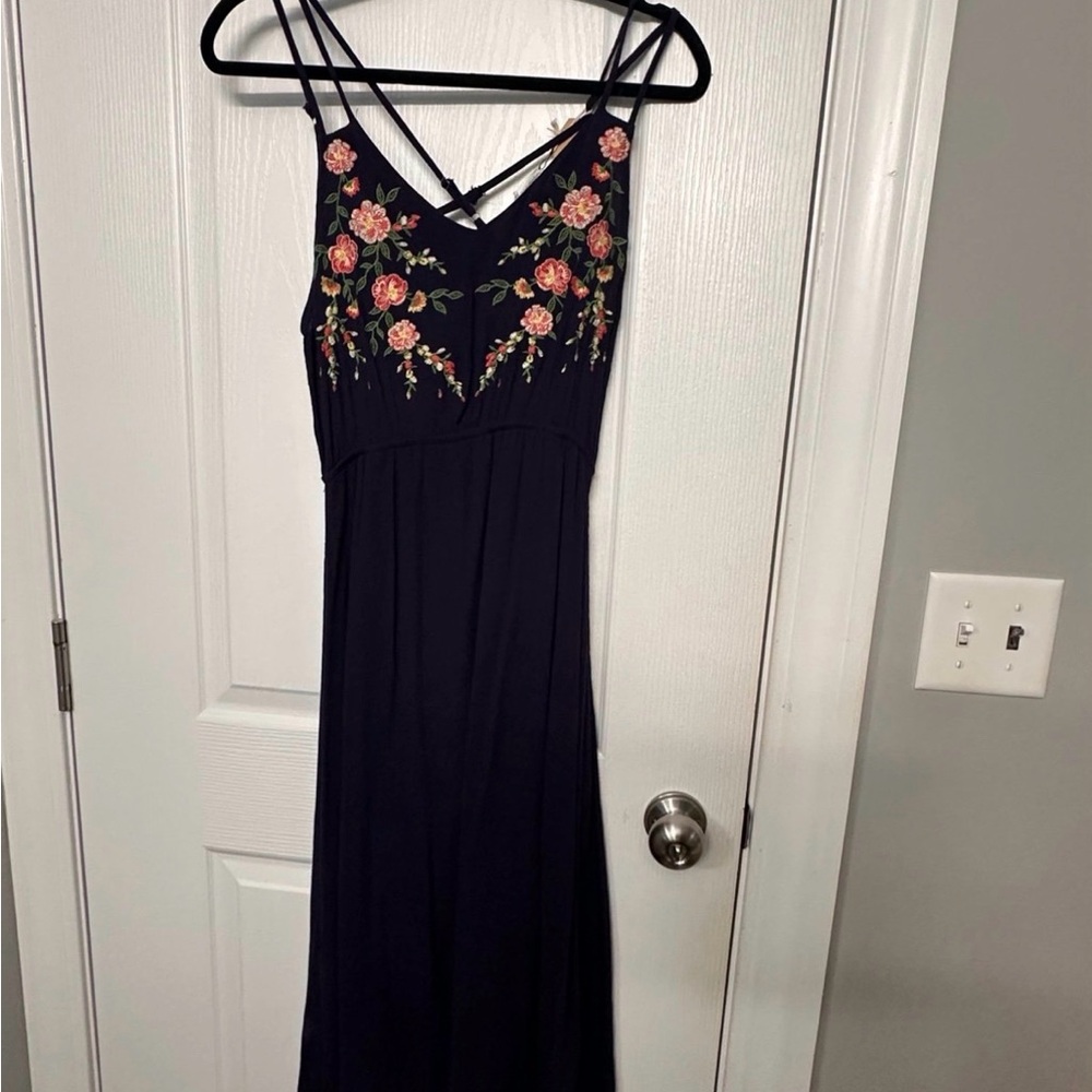 Navy Maxi Dress with Floral Embroidery
